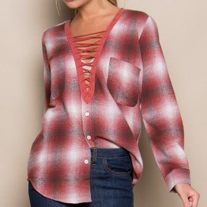 Long Sleeve Flannel Deep V Lace Up Front Top